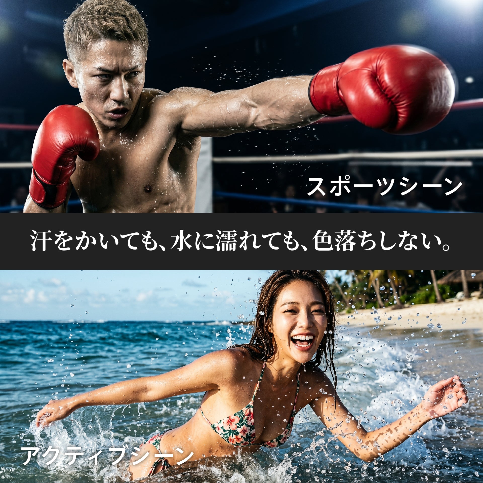 汗をかいても、水に濡れても色落ちしない。ボクシングなどのスポーツシーンや海などのアクティブシーンでのイメージ