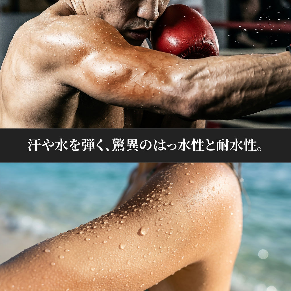 汗や水をしっかり弾く、カクシスの驚異のはっ水性と耐水性を示す肌のアップイメージ