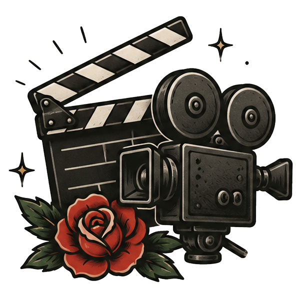 映画のカメラとカチンコ、足元に添えられた赤いバラのイラスト（ドラマや映画で採用のイメージ）