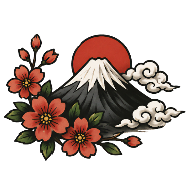 赤日を背にした富士山と桜の花のイラスト（安心の日本製・国内製造のイメージ）