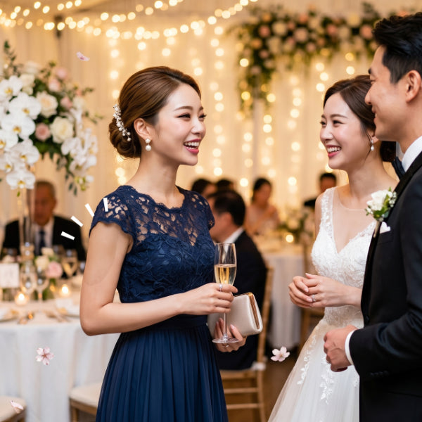 結婚式や披露宴でドレスアップした女性。カクシスで腕のタトゥーを隠して参加しているイメージ